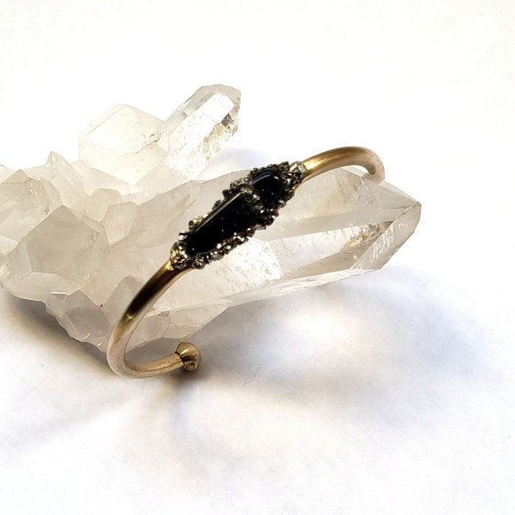 Brass Cuff with Obsidian Stone and Pyrite - Style: BR-218 - Picture 3 of 3